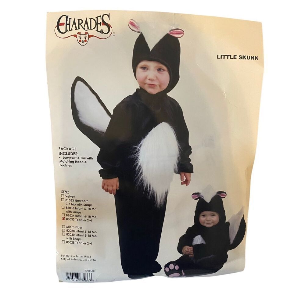 Charades Toddler 2-4 Little Skunk Jumpsuit & Tail With Matching Hood Footsies